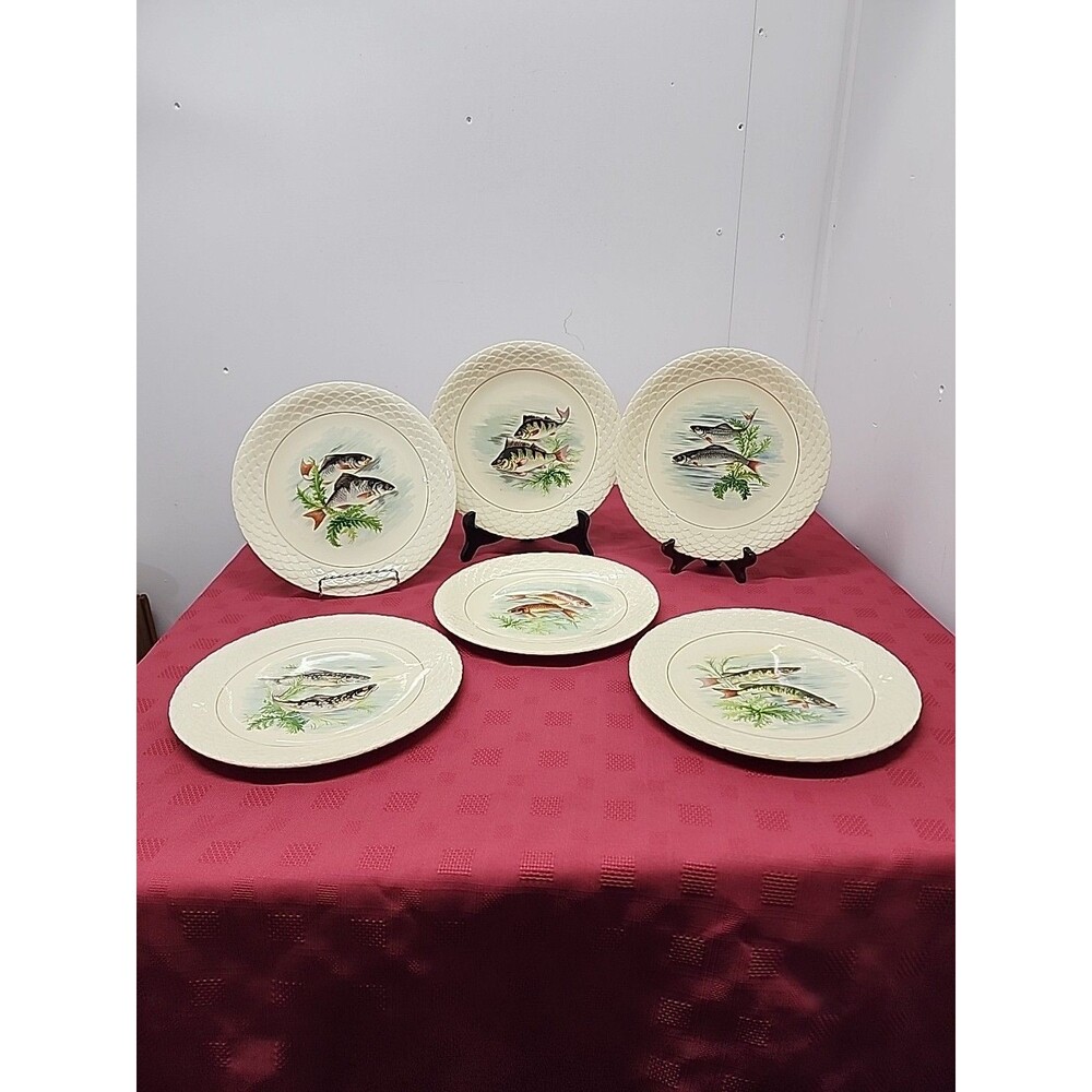 Gien Pottery Faience Fish Plates Set Of 6 Fish Scale Rim Loire France 1960s